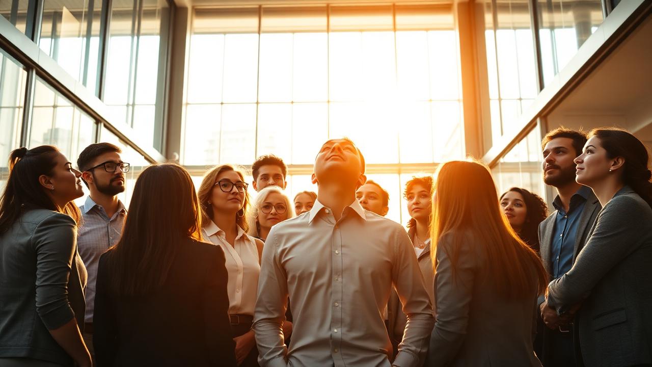 Diverse employees gathered in a sunlit office atrium representing employee empowerment