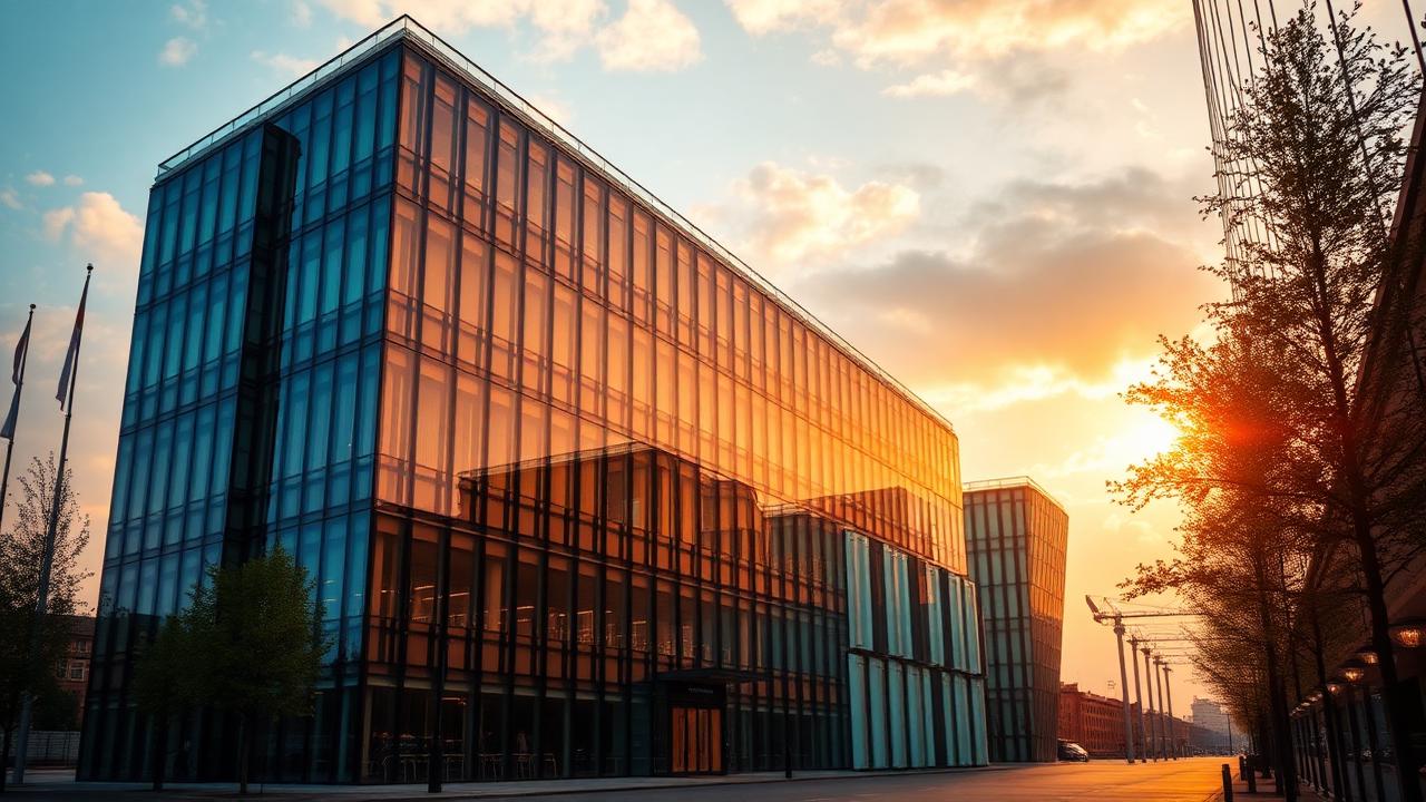 Modern glass office building at golden hour symbolising the future of UK business
