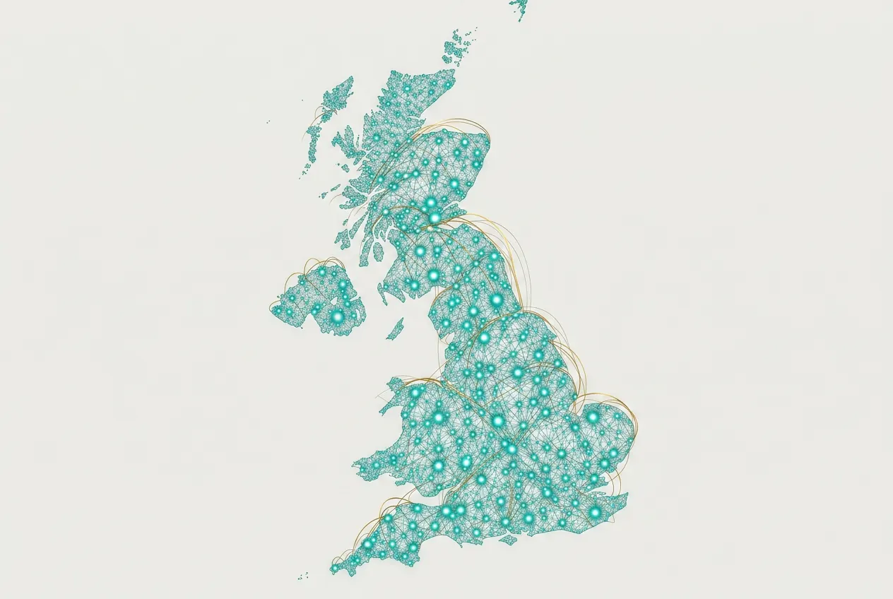 Map of the United Kingdom showing the distribution of employee-owned businesses across regions
