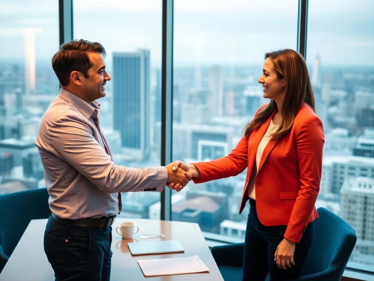 Business owner and adviser shaking hands in a modern London office